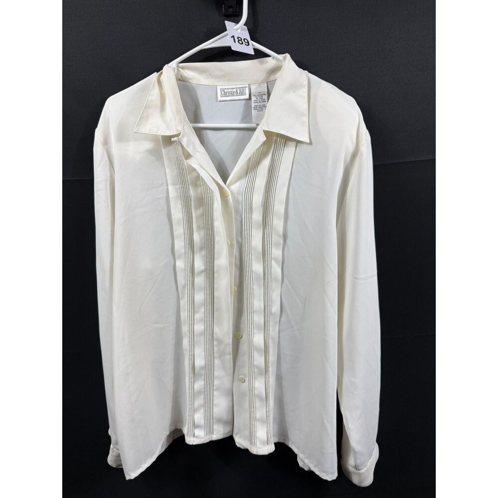 (14) - Christie & Jill Vintage Ivory Pleated Tuxedo Long Sleeve Blouse